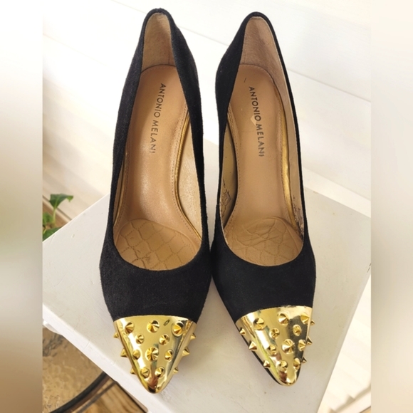 Antonio Melani Suede Heels Gold Spike Metal Toes Size 7 🔥 - Picture 5 of 8